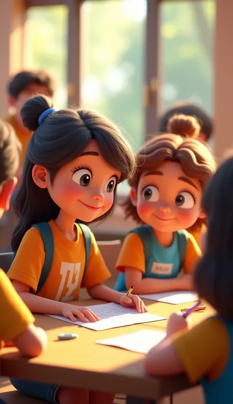 A close-up of Lilly helping a shy student at the club meeting. She’s offering a drawing or note with a warm smile. The student looks encouraged and grateful. The setting remains warm and supportive. Ultra animated and 3d