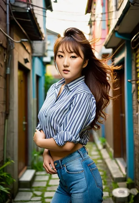 ((Asian woman, 20 years old)) , ((hairstyle by Hitomi Tanaka)), soft lighting, gentle shadow, (dynamic lighting), (swirly vibrant colors), in a small alley of residential houses,  colorfully, confrontation, wearing casual clothes, 80s jeans, cotton shirt w...