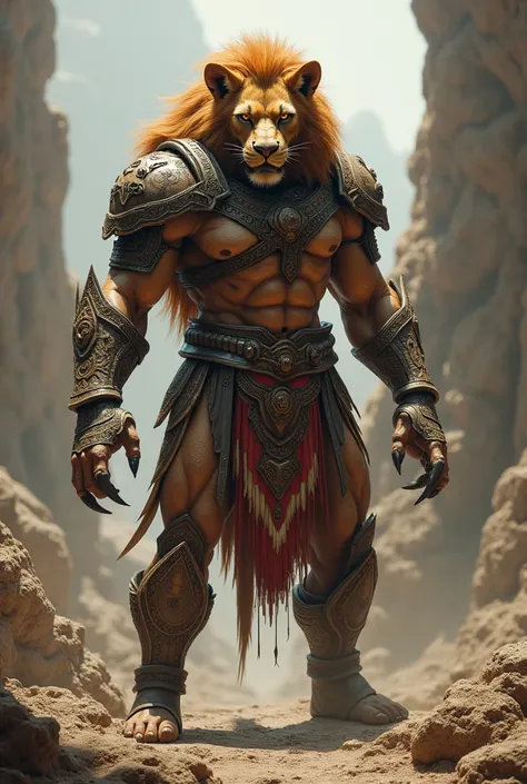 A humanoid with a lion-like face, a suit of armor with tribal details and claws, bad and wild face