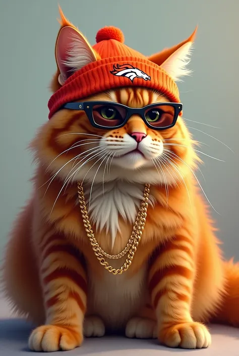 Maincoon orange tabby cat with sunglasses a Denver broncos beanie and a gold chain on its neck 