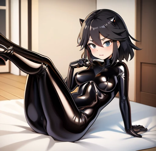 Himawari in a sexy black latex suit with a sexy body and showing her entire body in her room with her legs open 