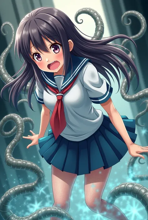 A girls lower_body is transforming into tentacles(Japanese anime style)(scared and crying)（student costume）