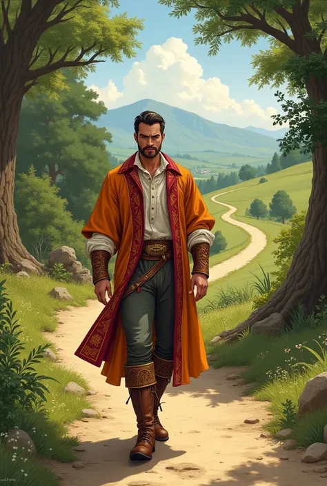 
an illustrated drawing image of a  handsome man wearing colorful 
renaissance clothing is walking down a path until he comes to a fork in 
the road
