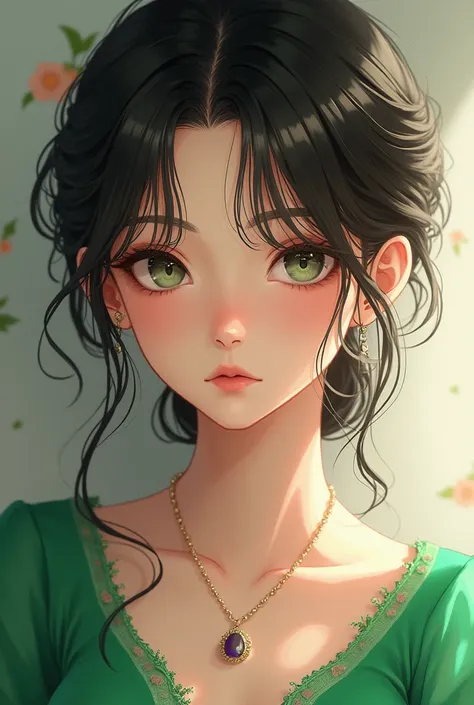 a close up of a woman with a green dress and a necklace, artwork in the style of guweiz, realistic anime 3 d style, beautiful anime portrait, anime realism style, detailed portrait of anime girl, beautiful character painting, by Yang J, stunning anime face...