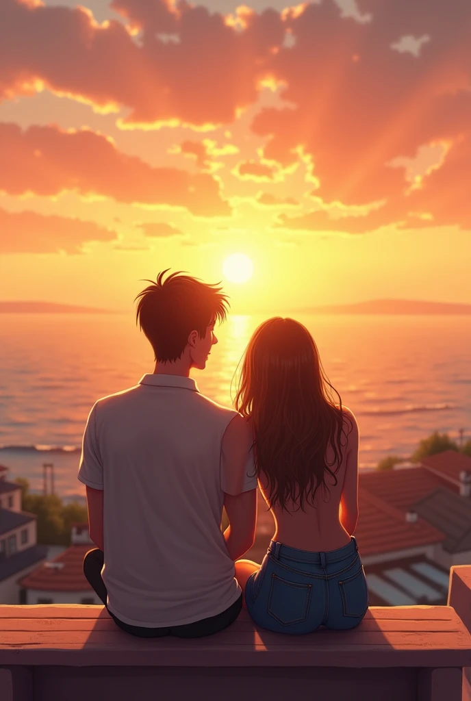 a boy and a girl, watching sunset, they are husband & wife, setting on a bench, on a rooftop, beside a sea