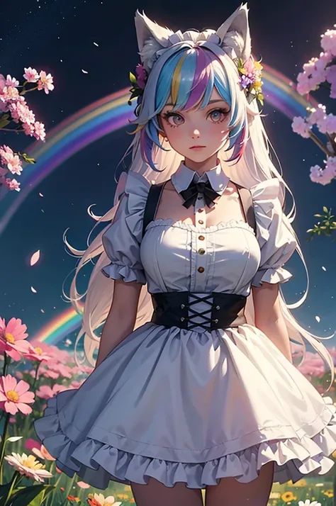 A girl with long rainbow hair is wearing a maid outfit and standing in a flower field with lots of big flowers. Upper body, wolf ears, wolf tail