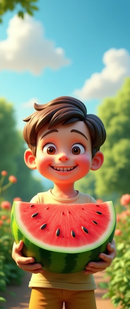 A boy hold watermelon 3d image 