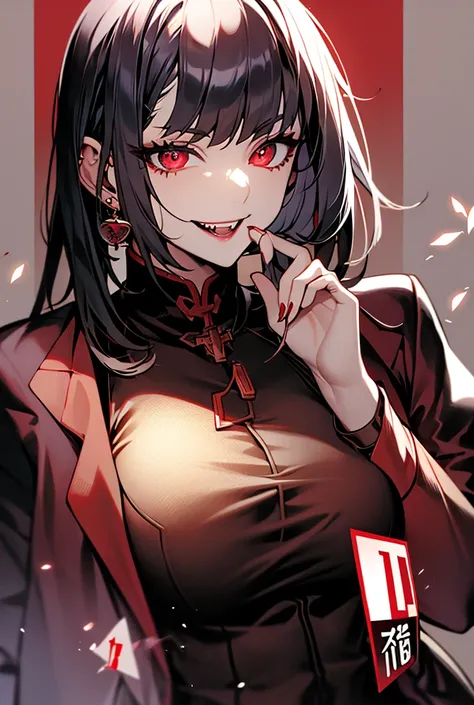 独奏, 1 , vampires, anatomically correcte, best qualityer, shorth hair,Bblack hair, bangss, hair covering, red eye big breasts, aretes, winter clothing.