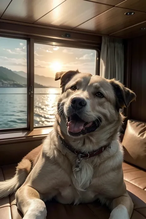 a happy dog relaxing in a luxurious yacht living room, extremely detailed, anatomically correct, cinematic lighting, photorealistic, studio lighting, 8k, ultra-detailed, (best quality:1.2), (realistic:1.37), (masterpiece:1.2), medium format, wide angle len...