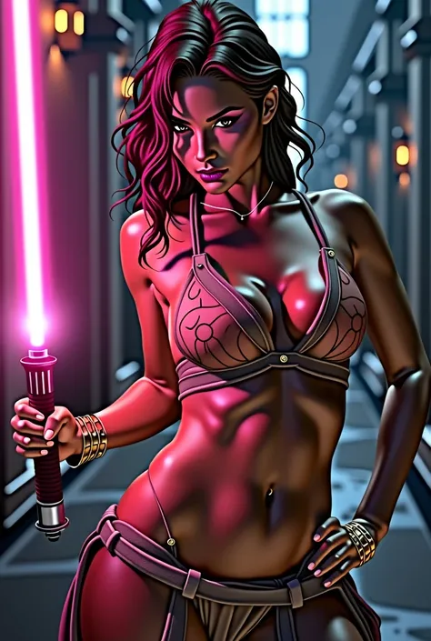 Sexy girl, in sexy Jedi outfit, sexy stance, pink lightsaber