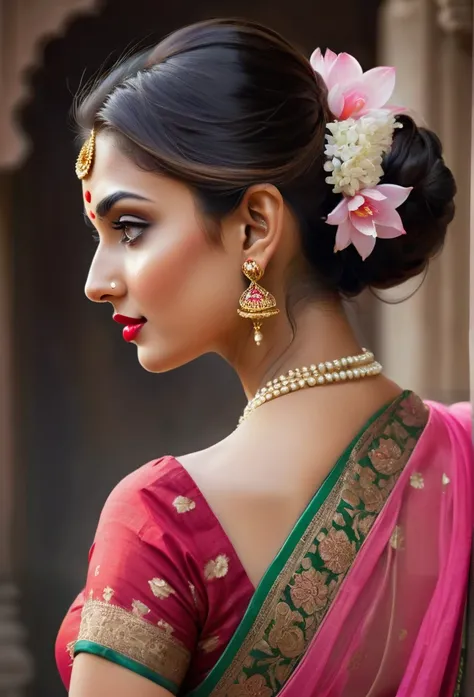 
Side profile of a Indian woman, traditional saree, classic drape, rich colors, golden borders, Nath nose ring with pearls and rubies, elegant features, hair in a bun with jasmine flowers, serene vale of blooming lotuses, pink petals, tranquil atmosphere, ...