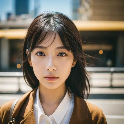 A hyper-realistic image of a single Japanese woman in her early 20s, captured with the nostalgic warmth and subtle graininess of a film camera. She stands against the backdrop of a bustling city street, where soft, diffused natural light filters through bu...