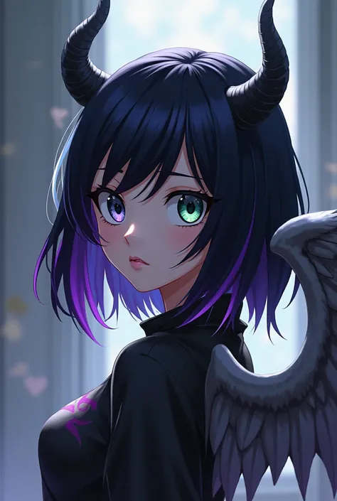 A girl in My hero academia with medium short black hair with purple tips and a white lock with one gray eye and one green eye with horns and gray bird wings with demonic powers
