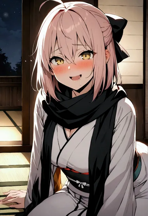 NSFW,masterpiece,Highest quality,High resolution,Very detailed,,Okita Souji(Fate/grandorder),Ahoge、Pink Hair、Hair between the eyes、Hair Ribbon、short hair、Yellow Eyes,黒いscarf、Black Ribbon、kimono、kimono、band、scarf,Japanese-style mansion at night,Japanese-sty...