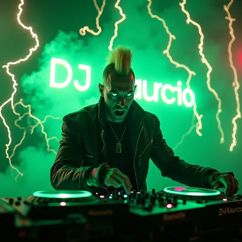 "A hyper-realistic scene of a rave, featuring an enraged cyborg DJ with glowing green eyes and a blonde mohawk. He wears a black neon cybernetic jacket and is surrounded by charged green sparks and lightning. The DJ is intensely focused on his turntables, ...