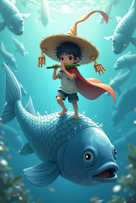 Black-haired male pupil, boy, short-sleeved shorts, wearing a long cape, a straw hat with two streamers and countless wind chimes, blowing a green flute on the back of a huge fish made of water, leading more fish behind him