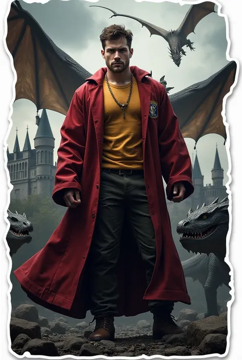 8K; hyper-realism; High resolution. Create a sticker with white borders with my super muscular photo on the Gryffindor uniform, from the world of Harry Potter. In the background, Hogwarts castle. Cinematic image in a background setting with dragons in high...