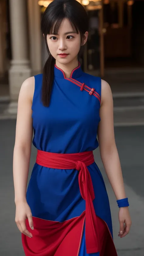 chichi, 1girl, solo, black eyes, black hair, blunt bangs, sidelocks, low ponytail,
china dress, blue dress, sleeveless, red sash...