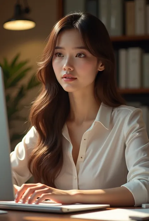 a beautiful young woman with long brown hair, wearing a white office blouse, sitting at a desk and working on a computer, detailed facial features, beautiful detailed eyes, beautiful detailed lips, extremely detailed face, longeyelashes, elegant and profes...