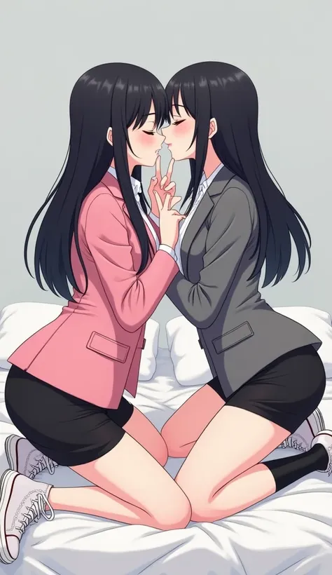 Two young womens, long black hairs, yuri, same height.

The first young women wear a light hot pink suit jacket, white shirt, black pencil skirt 14 cm, black underpants, black socks, white sneakers high top.

The second young women wore a grey suit jacket,...