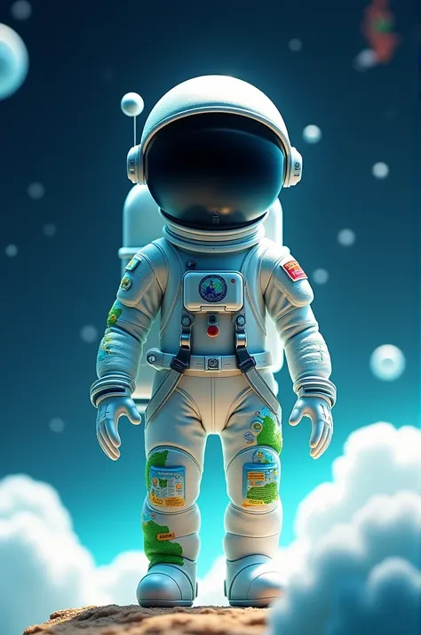 Animated astronaut with suit and helmet in the colors of planet Earth 