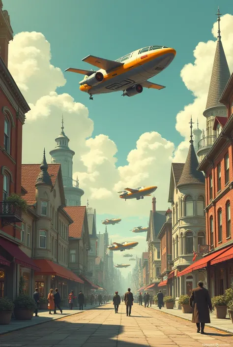 a wide street with several houses and flying cars , make a horizontal image with an older style