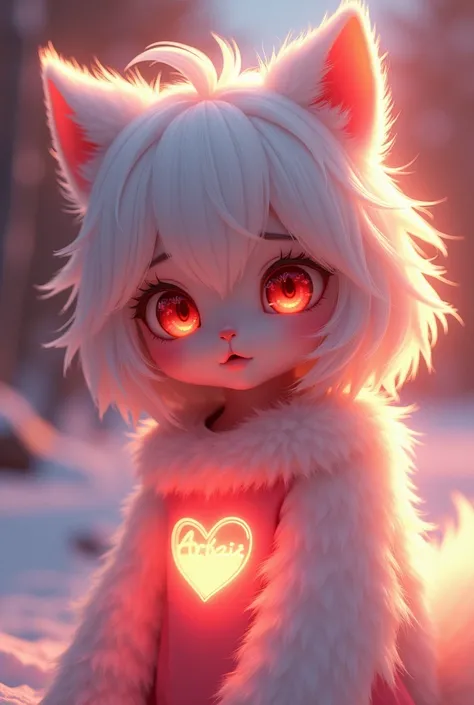 Anime girl (furry, white fur, cute face, red elements on fur, glowing t-shirt),best illumination,best shadow,ambient light,(ultra detailed fur:1.3),(volumetric light:1.2)