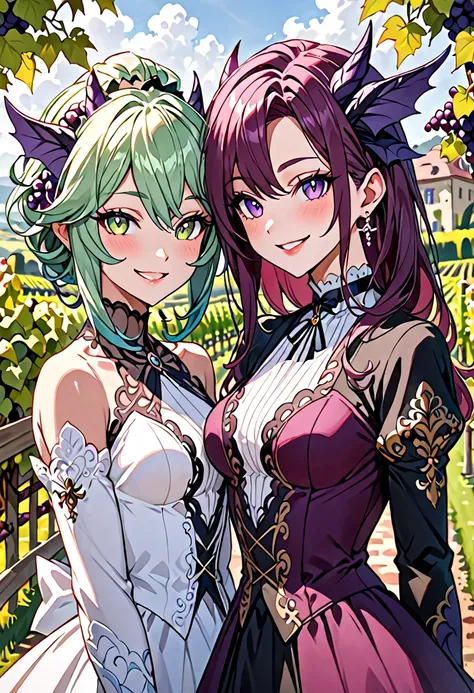 elegant, monster girl, 2 females, day, elegant, estate, garden, vineyard, smile, close up, from the waist up, meet up