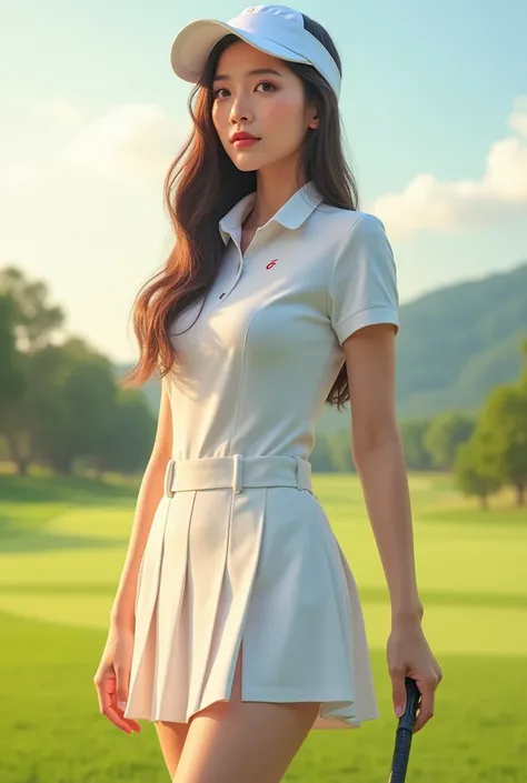 Jang Gyuri, A full-body shot of one woman, dynamic angle, golf course, white golf T-shirts, white short skirts golf outfit, light tracing, getting white sun visor, in the foreground, (floating hair:1.1), hot sun, white cap, professional model, (hyper-reali...