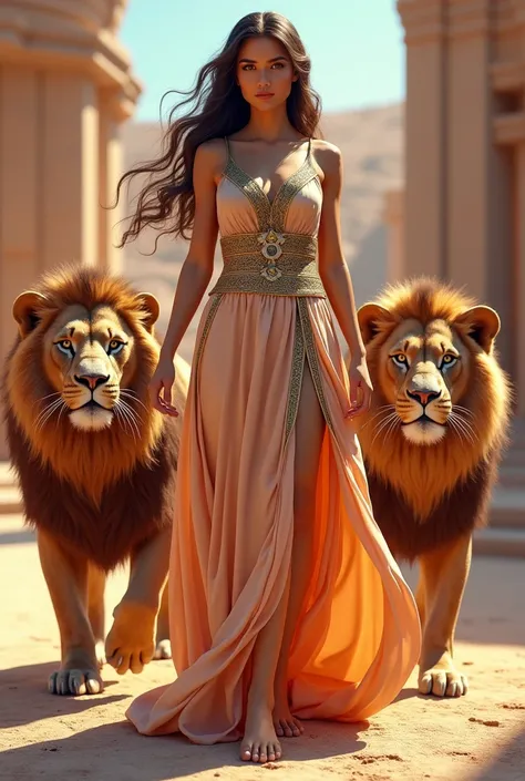 Greek goddess Reyna with lions , 3D bright colors 