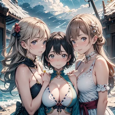 Highest quality, Super detailed, (Ultra-high resolution,8k), Ultra-high definition 4K, (The three pure shrine maidens), (In a ring), (High-quality facial beauty), (In the Storm:1.2), (Photorealistic), (Detailed big breasts), Soft Skin, Glowing Skin, Bright...