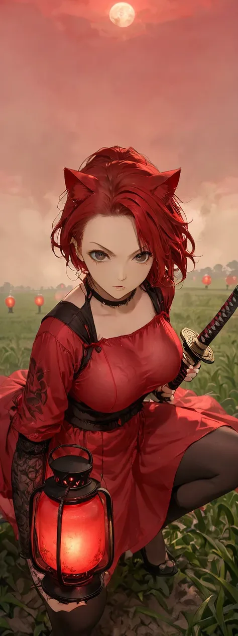 a woman is wearing a samurai outfit of shiny scarlet silk。crouching on a lantern。messy red short hair。forehead。cat ear。 white wh...