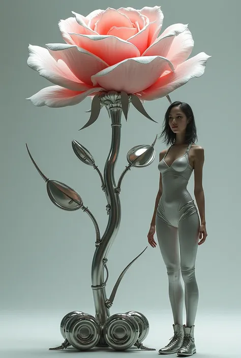 Fututiatico robot rose with silver, with woman dressed in technological clothing. With big wheels on the feet