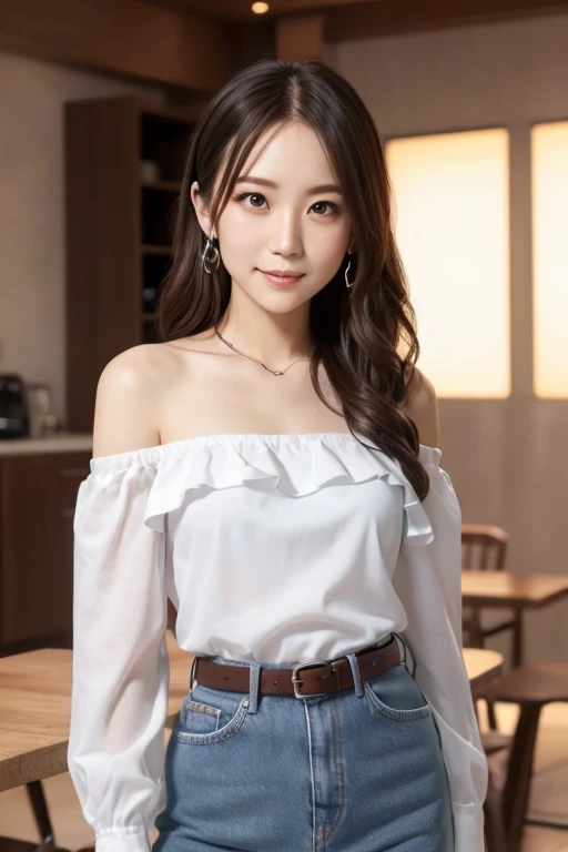 1girl, solo, long hair, looking at viewer, smile, brown hair, shirt, bare shoulders, brown eyes, collarbone, teeth, belt, pants, off shoulder, black eyes, lips, denim, jeans, off-shoulder shirt, 21years old japanese lady, (best quality,8k,32k,masterpiece,u...