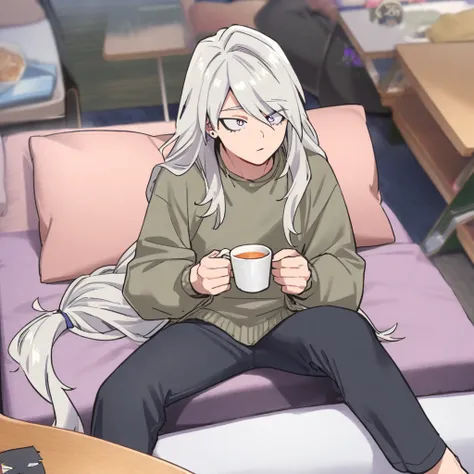 1boy, male, androgynous, my hero academia, boku no hero, silver hair, lavender eyes, super long hair, cute, wearing casual cloth...