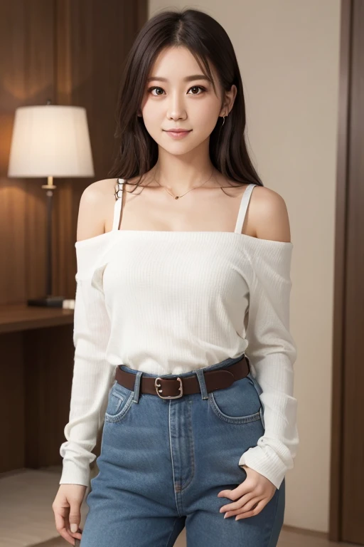 1girl, solo, long hair, looking at viewer, smile, brown hair, shirt, bare shoulders, brown eyes, collarbone, teeth, belt, pants, off shoulder, black eyes, lips, denim, jeans, off-shoulder shirt, 21years old japanese lady, (best quality,8k,32k,masterpiece,u...