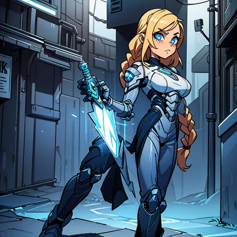 cyborg girl, sexy, wielding lightning, art deco background, braided hair