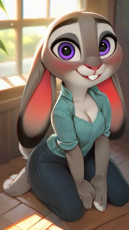 cleavage,score_9, score_9_up, score_8_up, score_7_up, score_6_up, score_5_up, source furry, anthro, Long exposure photo of Hyperrealistic art anthro, judy hopps, detailed two tone grey fur body with white chest, grey lagomorph feminine beautiful face, full...