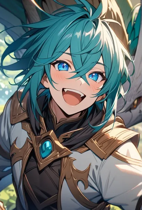 Solo, ((1 young boy)), turquoise hair, blue eyes, (((high quality))), masterpiece, detailed face, fantasy design, fantasy clothes, fantasy beautiful clothes, dragon, Crossed Bangs, adventure cloth, (boy), male, laugh