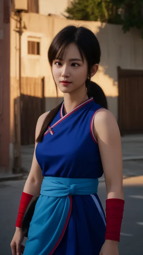 chichi, 1girl, solo, black eyes, black hair, blunt bangs, sidelocks, low ponytail,
china dress, blue dress, sleeveless, red sash...