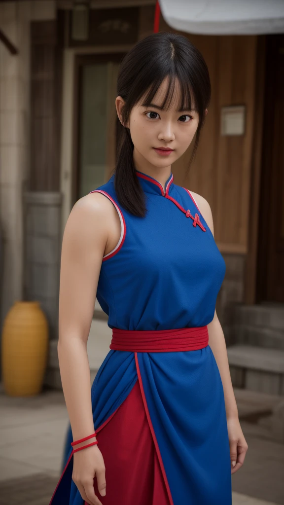 chichi, 1girl, solo, black eyes, black hair, blunt bangs, sidelocks, low ponytail,
china dress, blue dress, sleeveless, red sash...