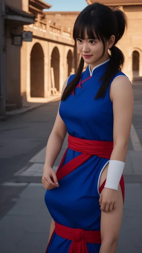 chichi, 1girl, solo, black eyes, black hair, blunt bangs, sidelocks, low ponytail,
china dress, blue dress, sleeveless, red sash, wristband, bare shoulders,
smile,closed mouth,cowboy shot,
city ,outdoor, sunny, light on face
(insanely detailed, beautiful d...