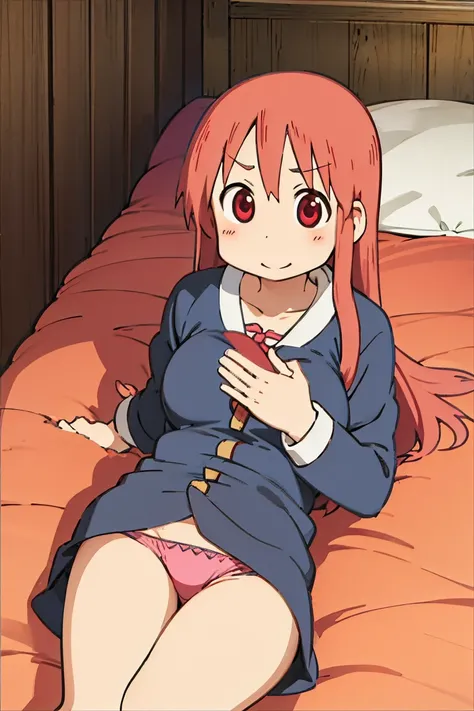 Kyoto animation, female, long hair, red hair, Red eye, cute face, thick eyebrows, big breast, sexy body, bra, underpants ,smile, flushed face, lying on the bed