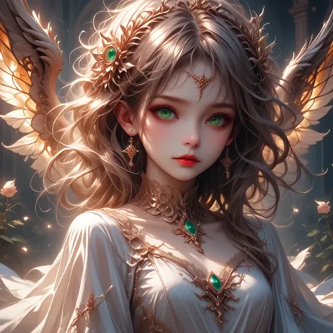 an unearthly female figure with grace, luminescent wings, surrounded by glowing, magical creatures in the magical forest. scatte...