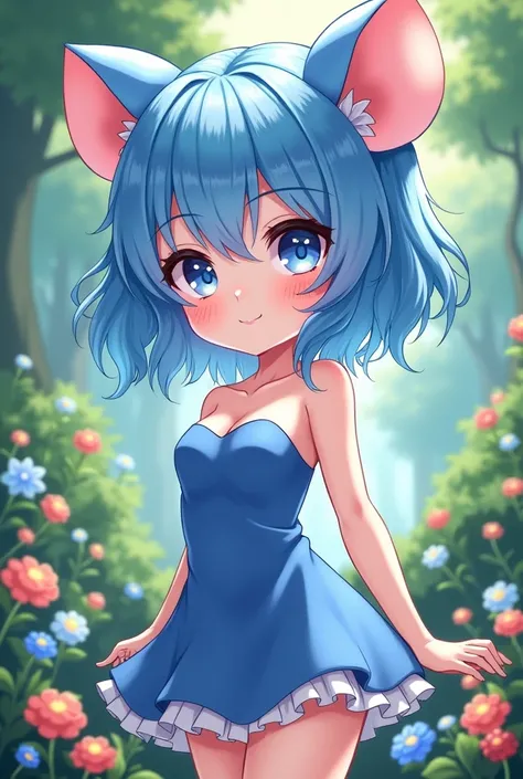 A gorgeous, sexy chibi girl with mouse ears, blue hair, and a blue sleeveless, strapless dress, showing her midriff, with white skin, standing in a forest, looking at the viewer and smiling with a closed mouth, surrounded by flowers