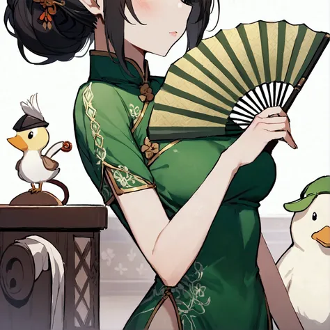 Cute black-haired girl，Wearing emerald green cheongsam，There is also a pet goose next to it,scythe ,hairpin, handheld fan