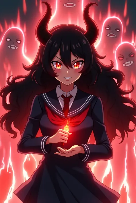 Screenshot of my hero academia. 
Girl with long curly black hair with red bangs,Red eyes, medium black horns , Thunder-shaped marks under his red eyes, lips a little red , He has a cocky smile,  Wear the UA uniform,  In her hands she has a red magic wand a...