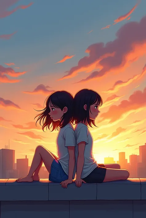 Teenage adult girl with medium short hair sitting back to back on a rooftop with clear sunset sky and wind abstract cartoon drawing 

