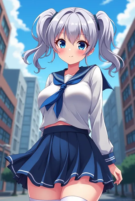 anime girl naughty with blue eyes silver hair 2 pony tail and big boobs background in city with school clothes 