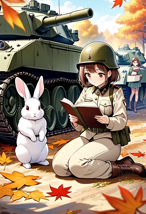 Pastel drawing、A soldier girl is leaning against the caterpillar track of a tank and reading a book.、Next to her, a white rabbit is reading a book with the girl, placing it on the ground.、The girl has short brown hair、Wearing an old German military helmet ...